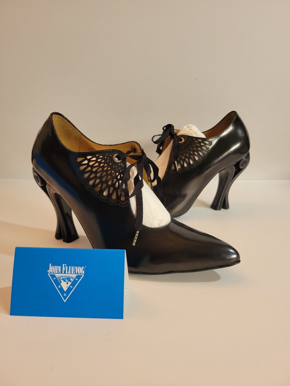 John Fluevog Estella Black Leather Lace-Up Heels - Size 9.5